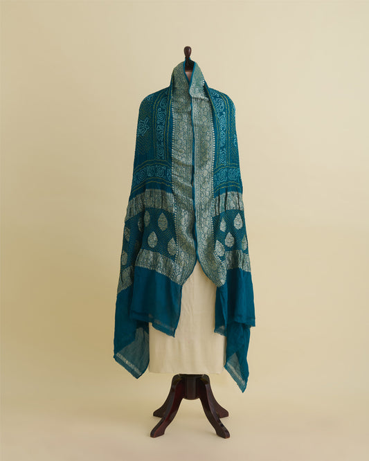 Peacock Blue Georgette Bandhej Handwoven Dupatta with Gold Border