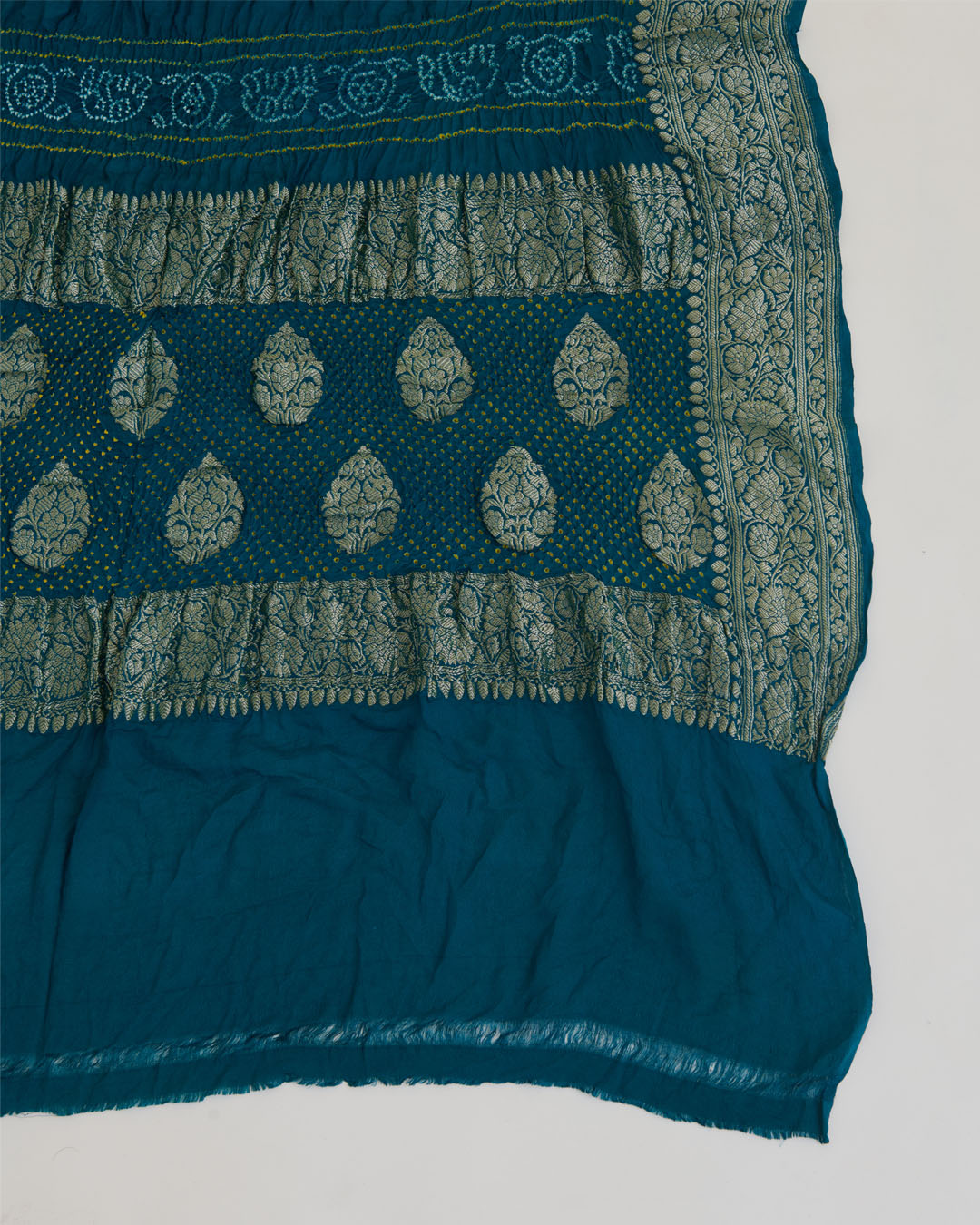 Peacock Blue Georgette Bandhej Handwoven Dupatta with Gold Border