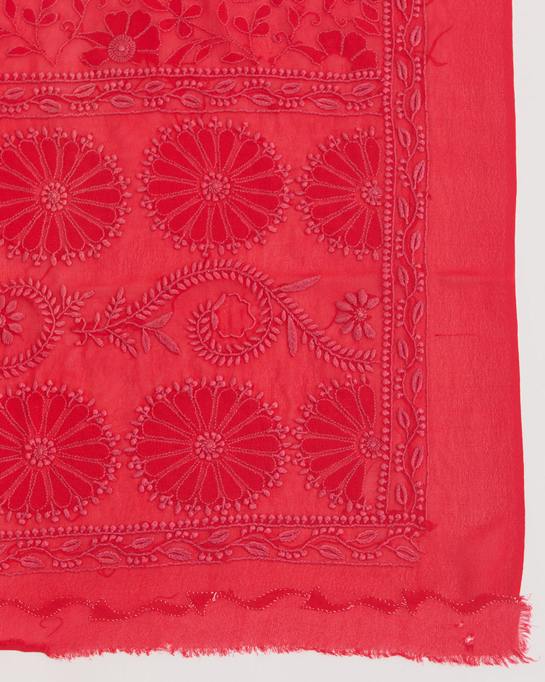 Red Georgette Lucknowi Thread Embroidered Dupatta