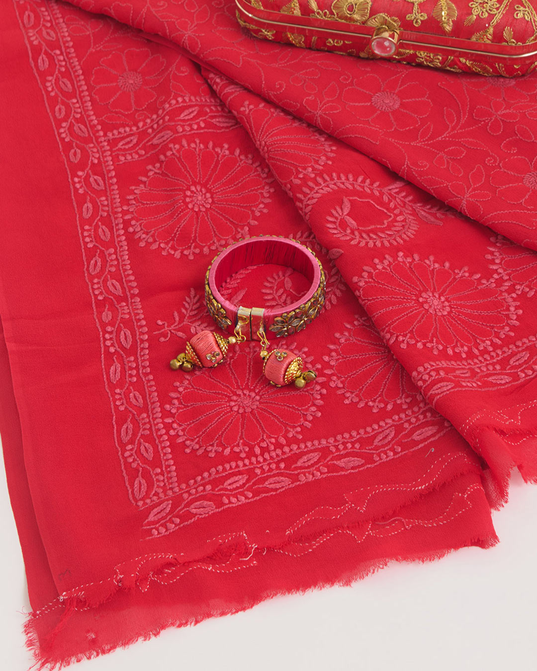 Red Georgette Lucknowi Thread Embroidered Dupatta