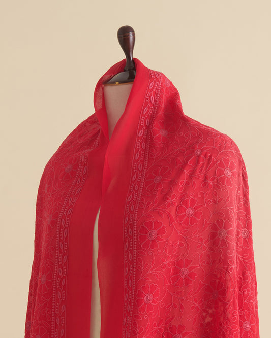 Red Georgette Lucknowi Thread Embroidered Dupatta