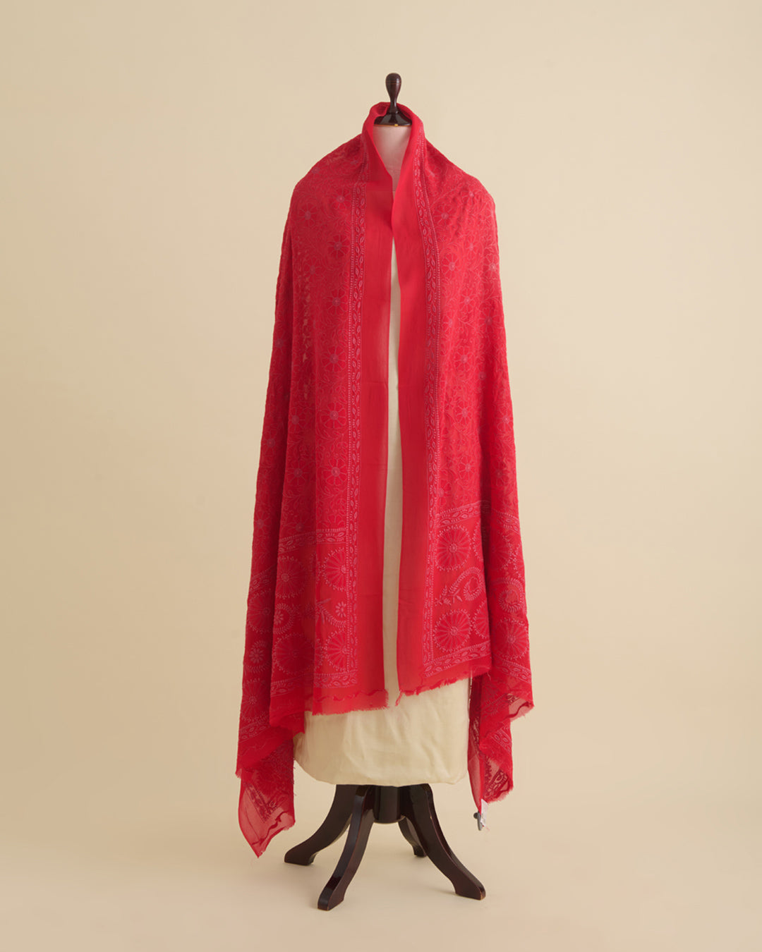 Red Georgette Lucknowi Thread Embroidered Dupatta