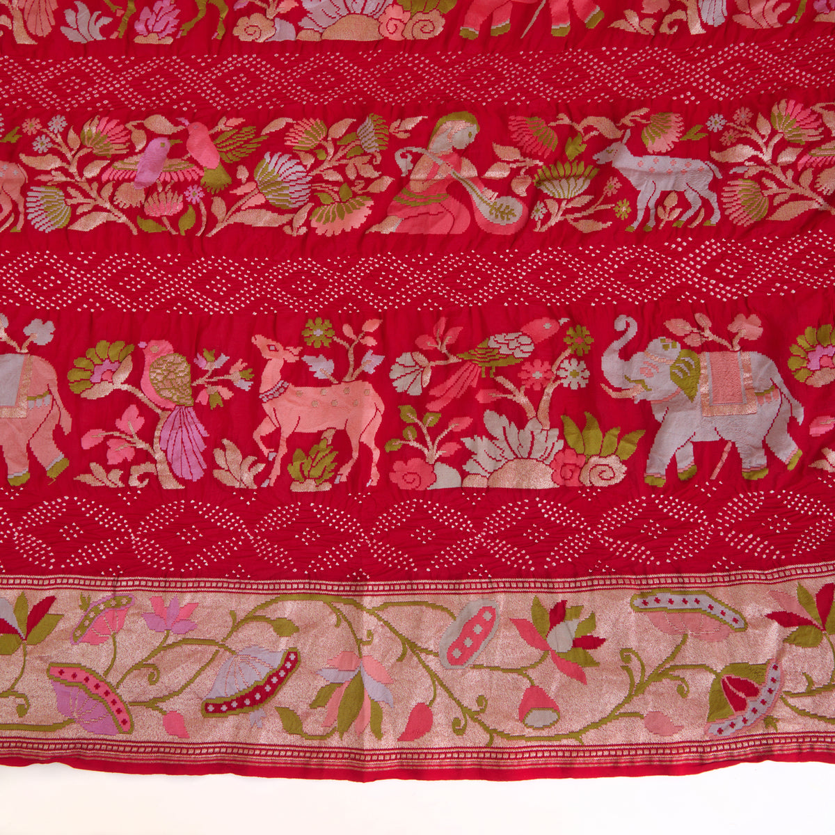 Red Georgette Bandhej Hand Woven Gold Resham Jaal Dupatta