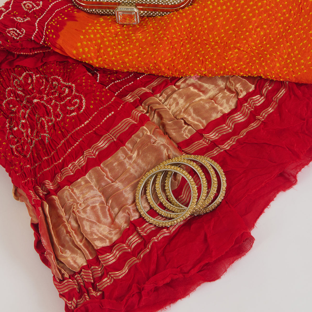 Red Orange Gaji Silk Bandhej Lagdi Patta Pallu Dupatta
