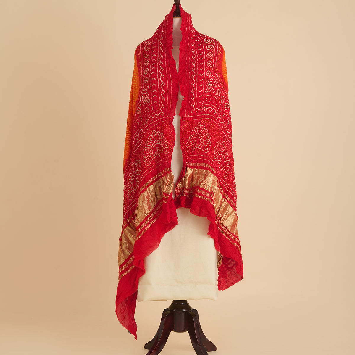 Red Orange Gaji Silk Bandhej Lagdi Patta Pallu Dupatta