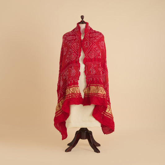 Red Gaji Silk Bandhej Lagdi Patta Pallu Dupatta