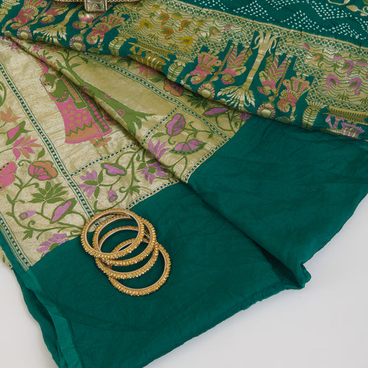 Rama Green Georgette Bandhej Hand Woven Gold Resham Jaal Dupatta