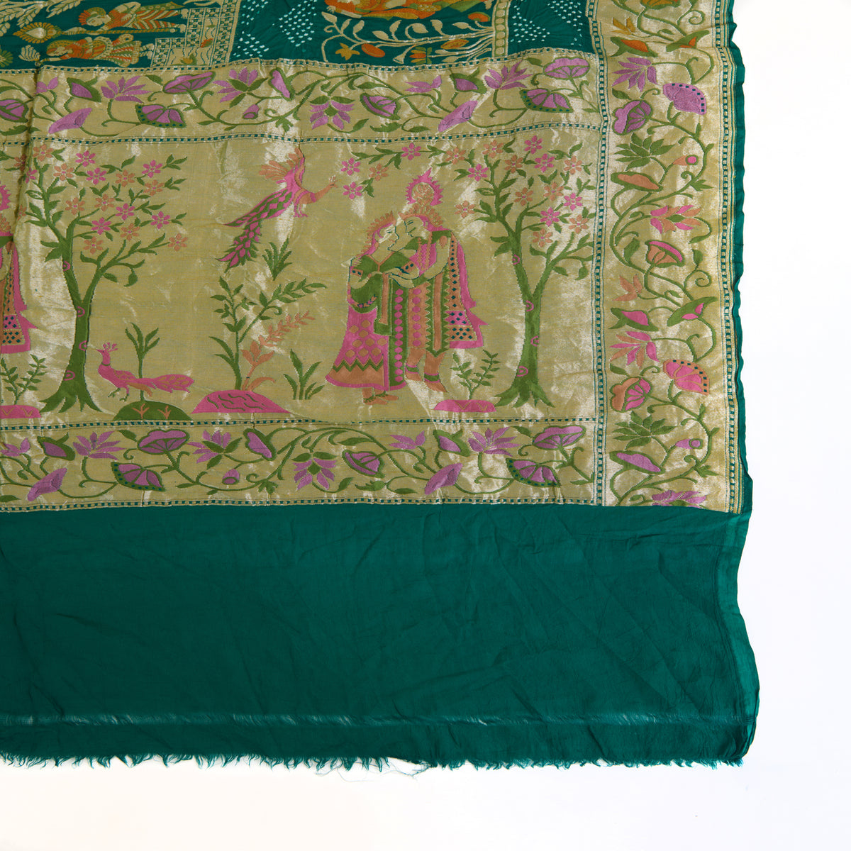 Rama Green Georgette Bandhej Hand Woven Gold Resham Jaal Dupatta