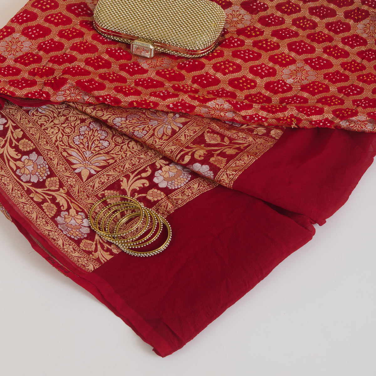 Red Maroon Georgette Bandhej Hand Woven Gold Geometric Dupatta