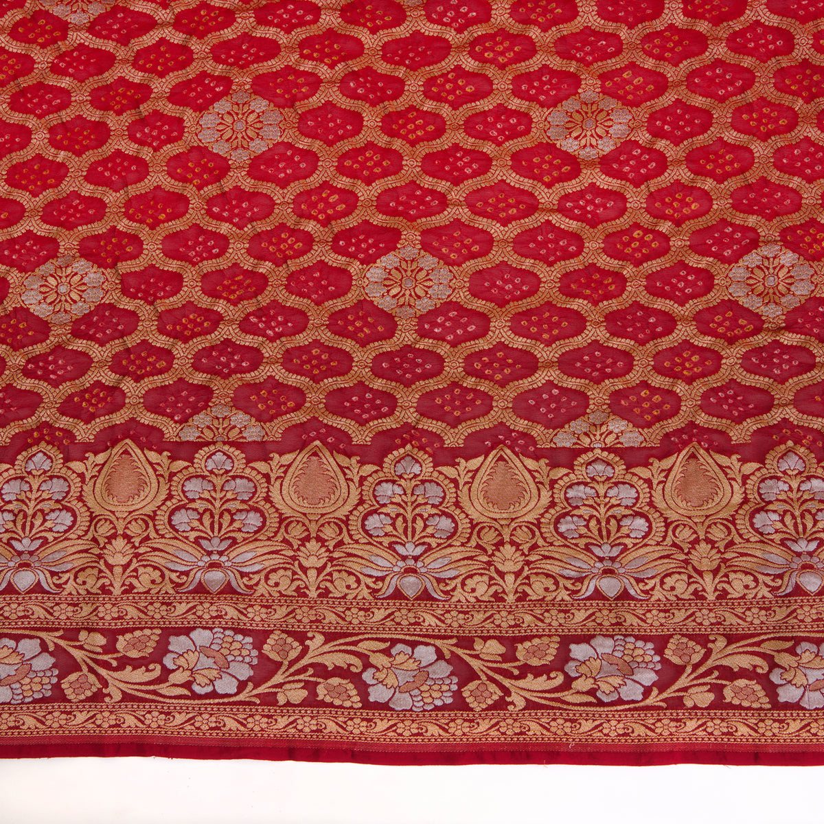 Red Maroon Georgette Bandhej Hand Woven Gold Geometric Dupatta
