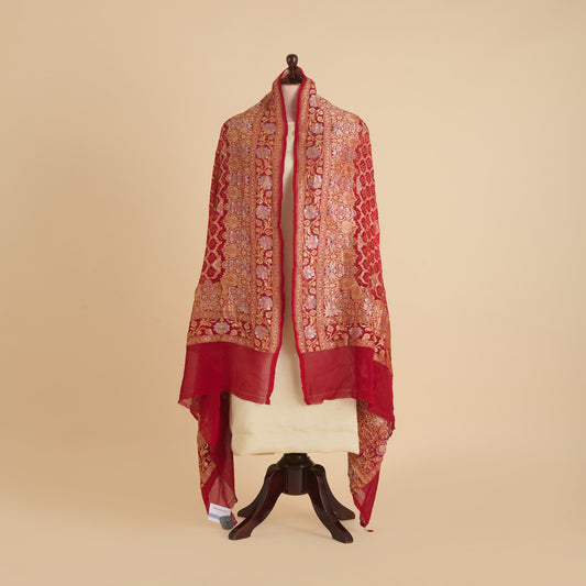 Red Maroon Georgette Bandhej Hand Woven Gold Geometric Dupatta