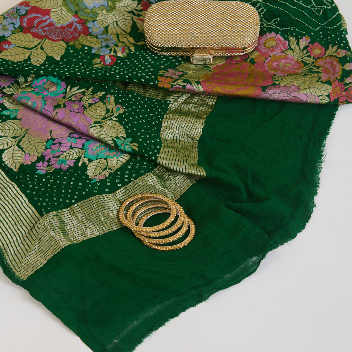Bottle Green Georgette Bandhej Hand Woven Gold Border Dupatta