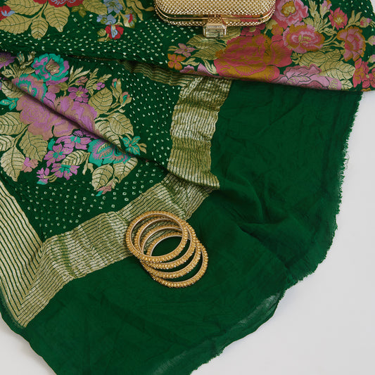 Bottle Green Georgette Bandhej Hand Woven Gold Border Dupatta