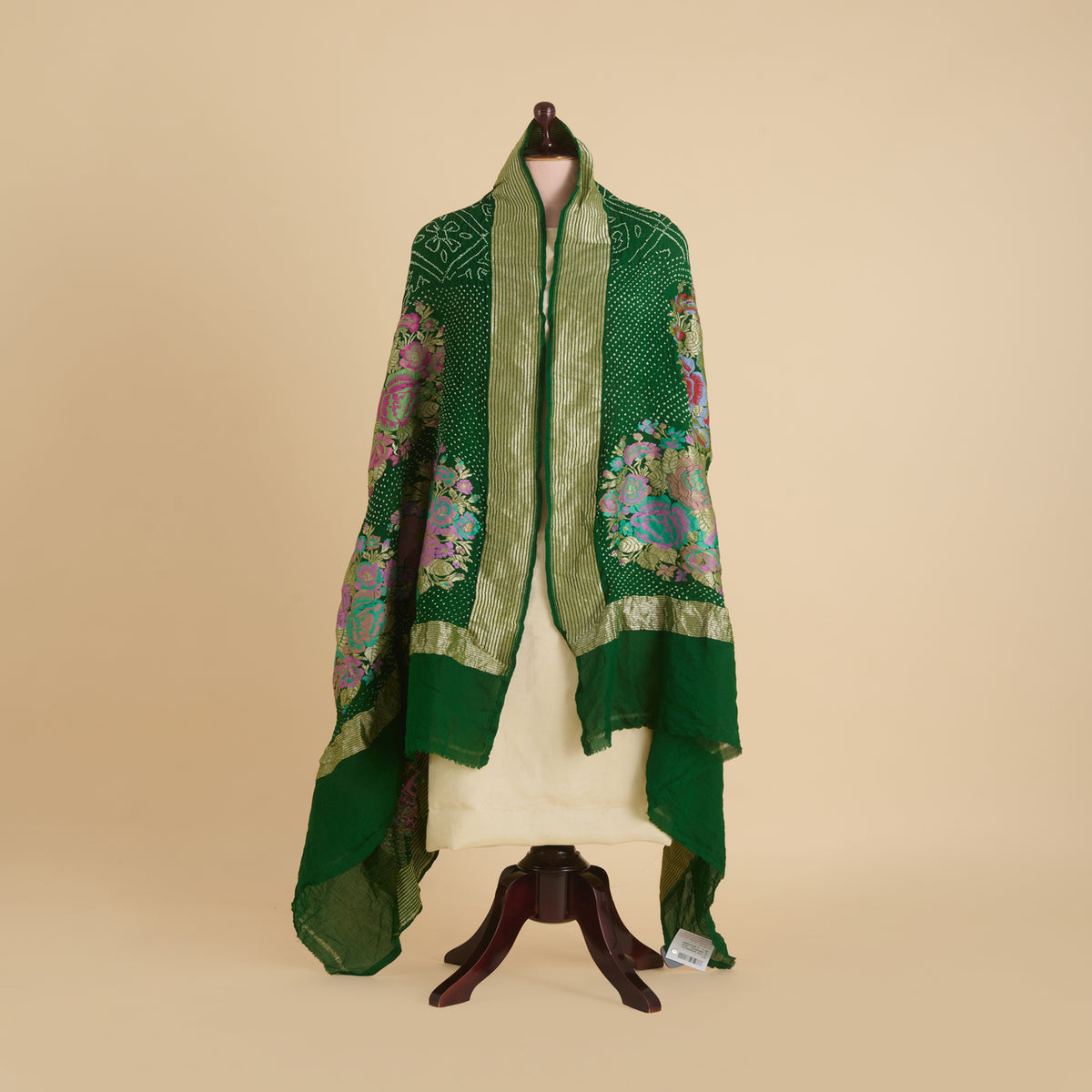 Bottle Green Georgette Bandhej Hand Woven Gold Border Dupatta