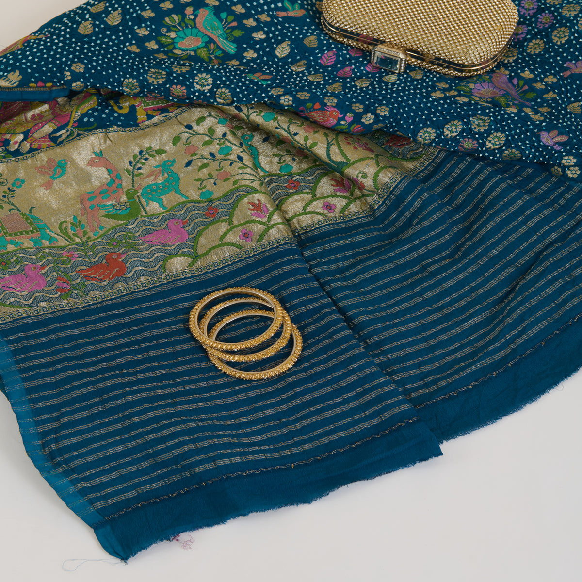 Teal Blue Georgette Bandhej Hand Woven Gold Resham Jaal Dupatta