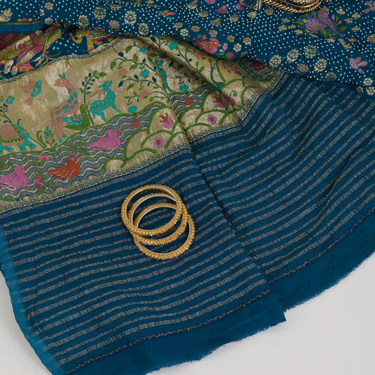 Teal Blue Georgette Bandhej Hand Woven Gold Resham Jaal Dupatta