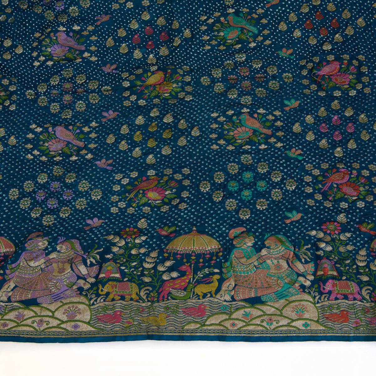 Teal Blue Georgette Bandhej Hand Woven Gold Resham Jaal Dupatta
