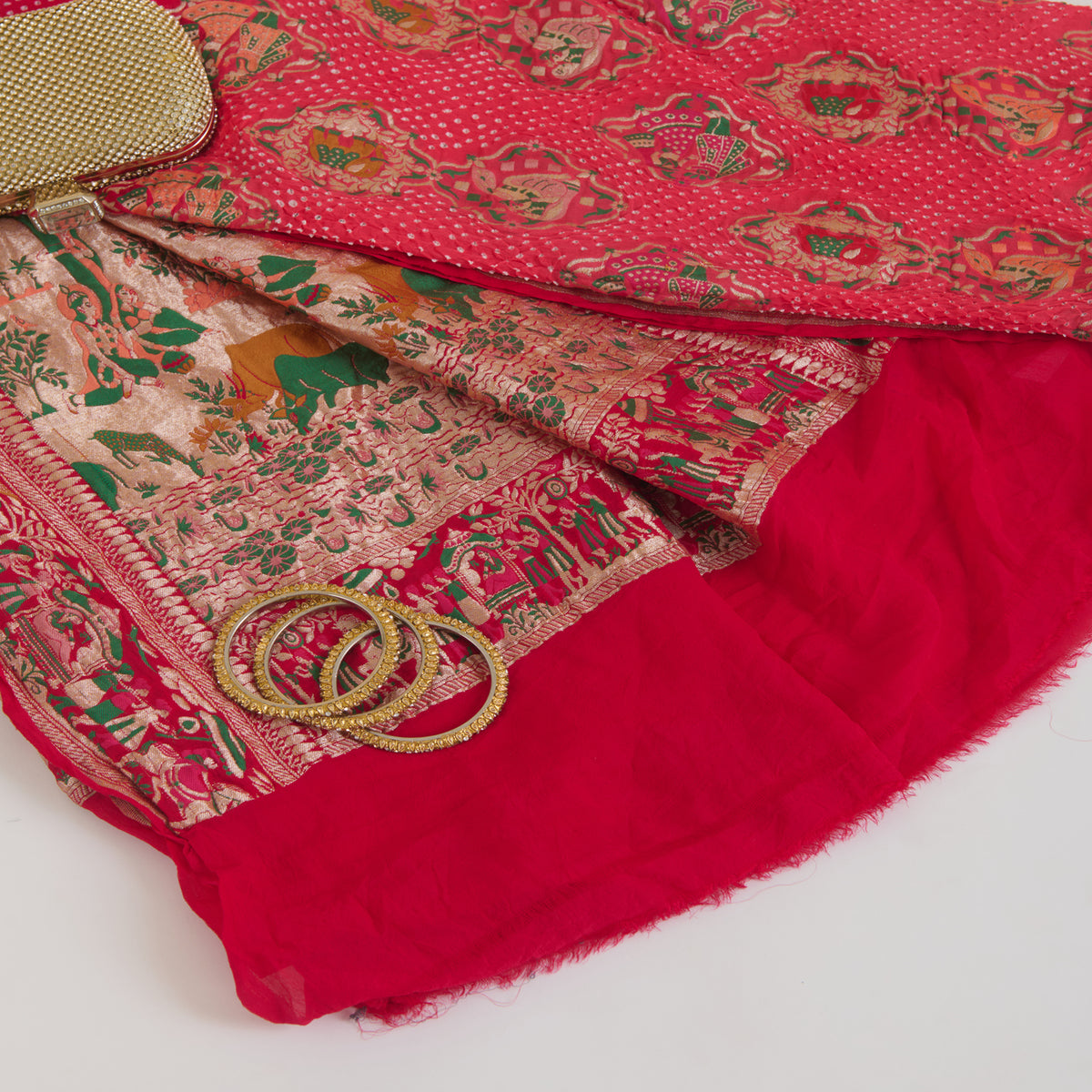 Tomato Pink Georgette Bandhej Hand Woven Jaal Gold Border Dupatta