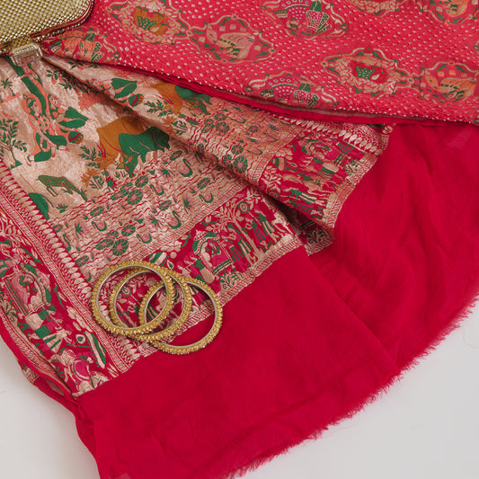 Tomato Pink Georgette Bandhej Hand Woven Jaal Gold Border Dupatta