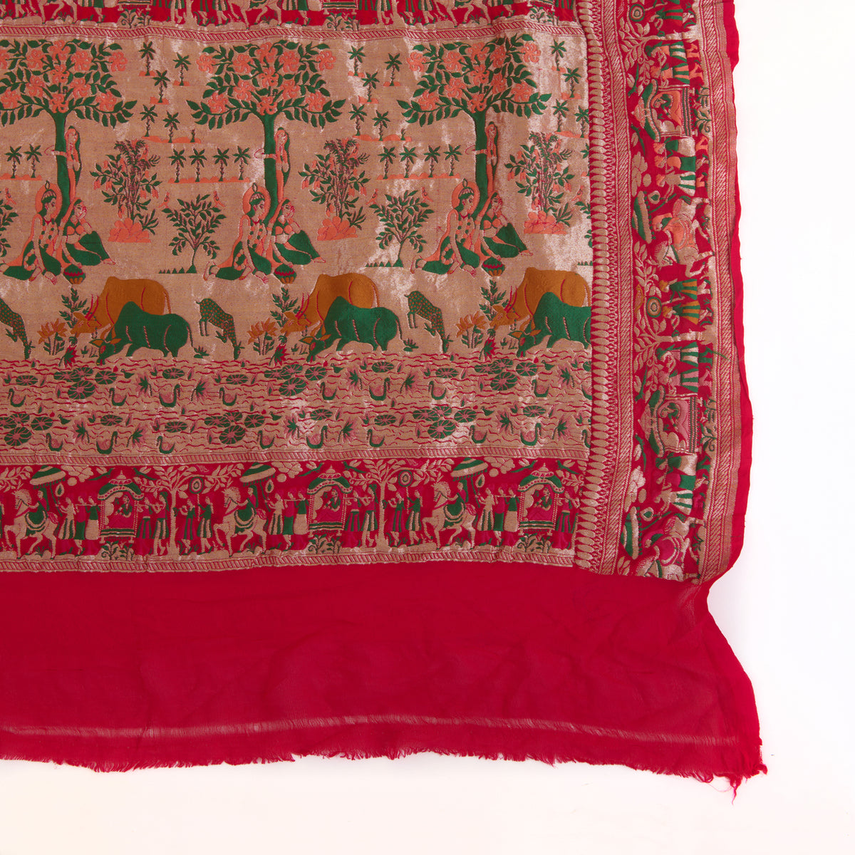 Tomato Pink Georgette Bandhej Hand Woven Jaal Gold Border Dupatta