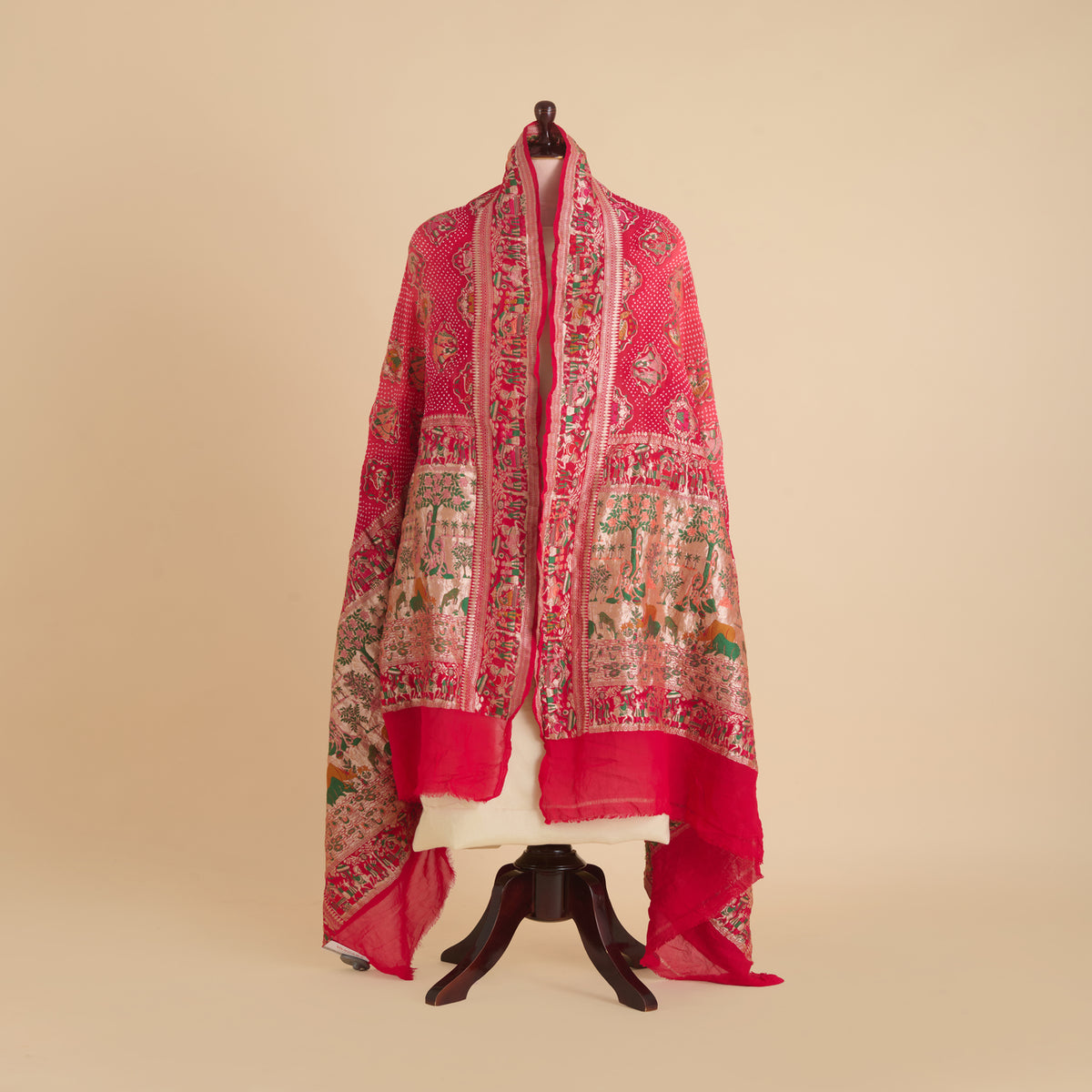 Tomato Pink Georgette Bandhej Hand Woven Jaal Gold Border Dupatta