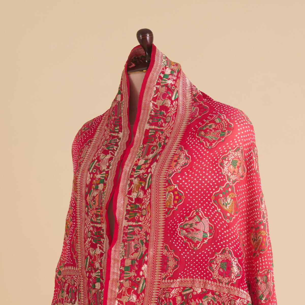 Tomato Pink Georgette Bandhej Hand Woven Jaal Gold Border Dupatta