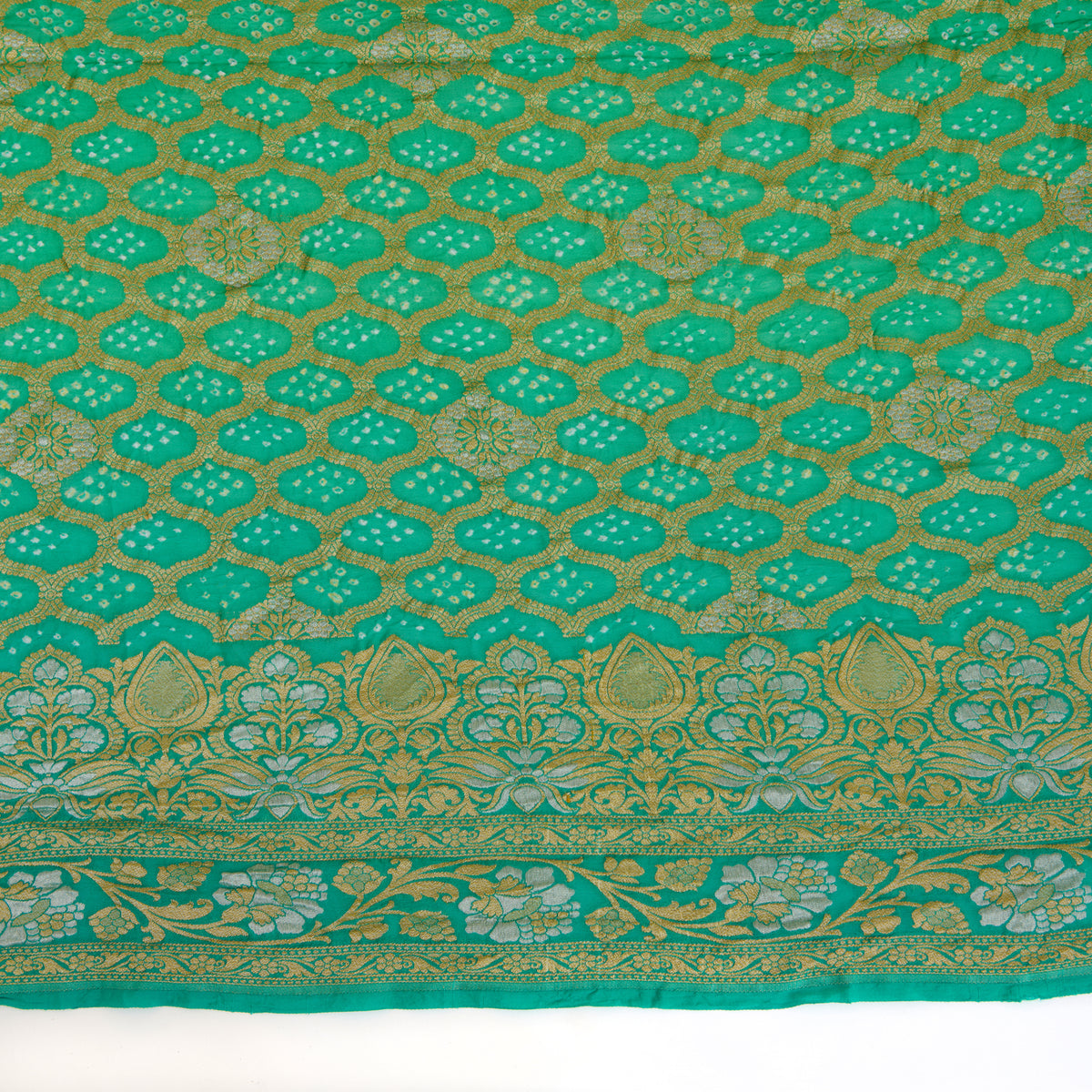 Turquoise Blue Georgette Bandhej Hand Woven Gold Geometric Dupatta