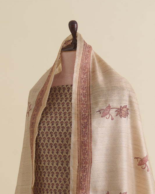 Beige Brown Ghicha Tussar Printed Suit Set with Dupatta