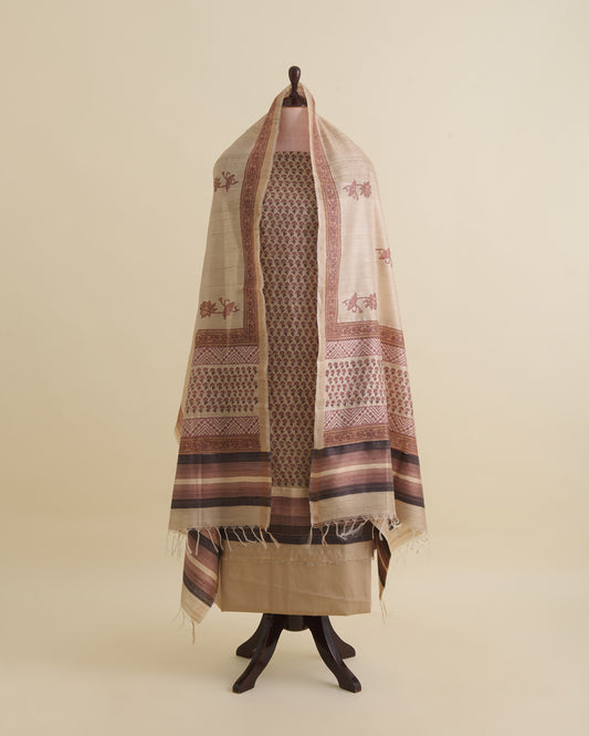 Beige Brown Ghicha Tussar Printed Suit Set with Dupatta