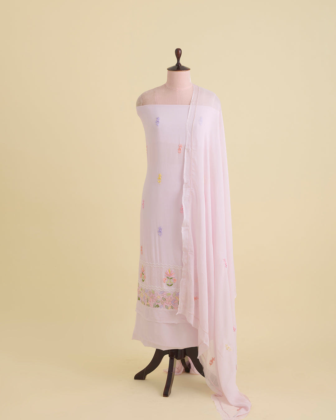 Baby Pink Viscose Georgette Kurta Set with Lucknowi & Parsi Embroidery