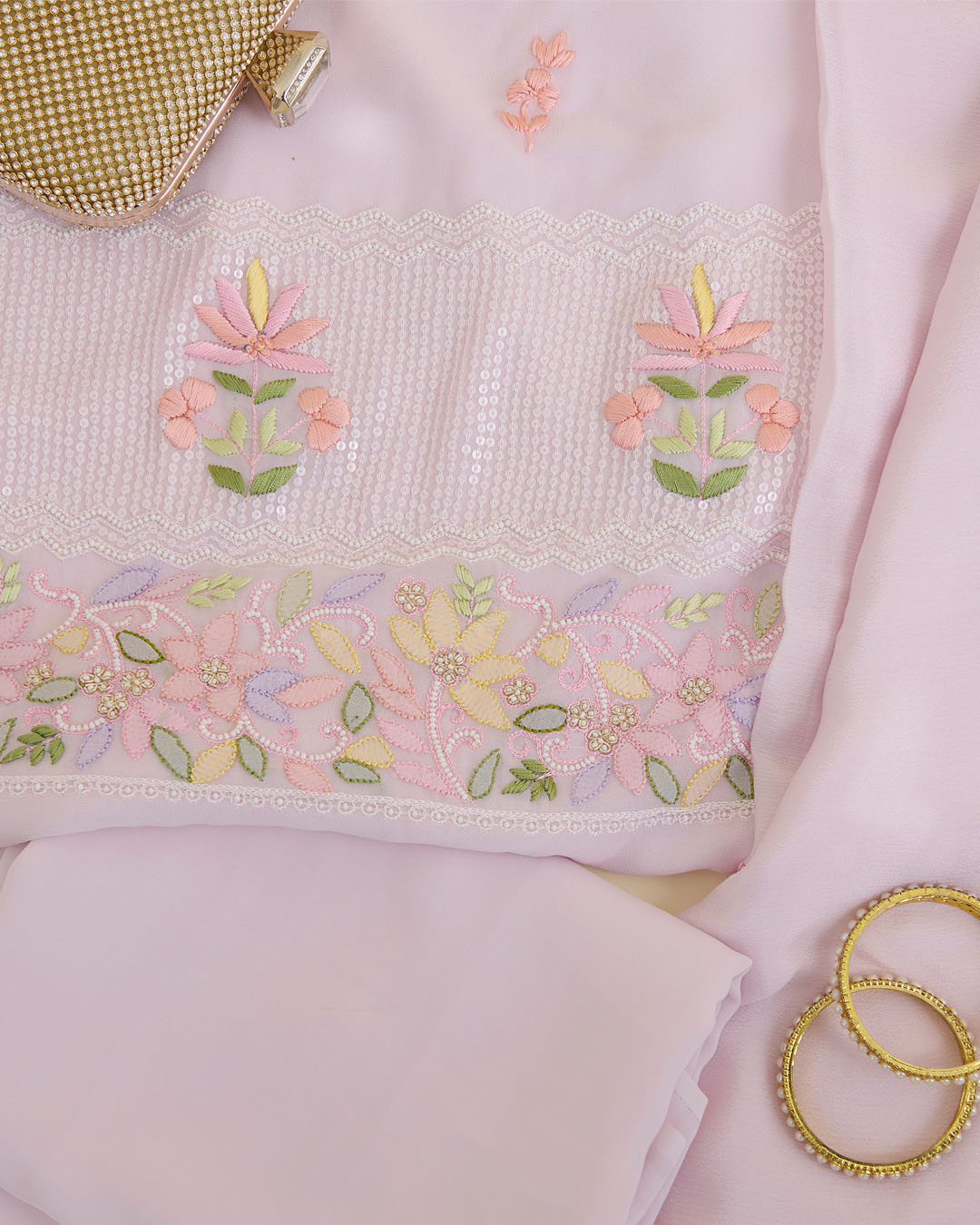 Baby Pink Viscose Georgette Kurta Set with Lucknowi & Parsi Embroidery