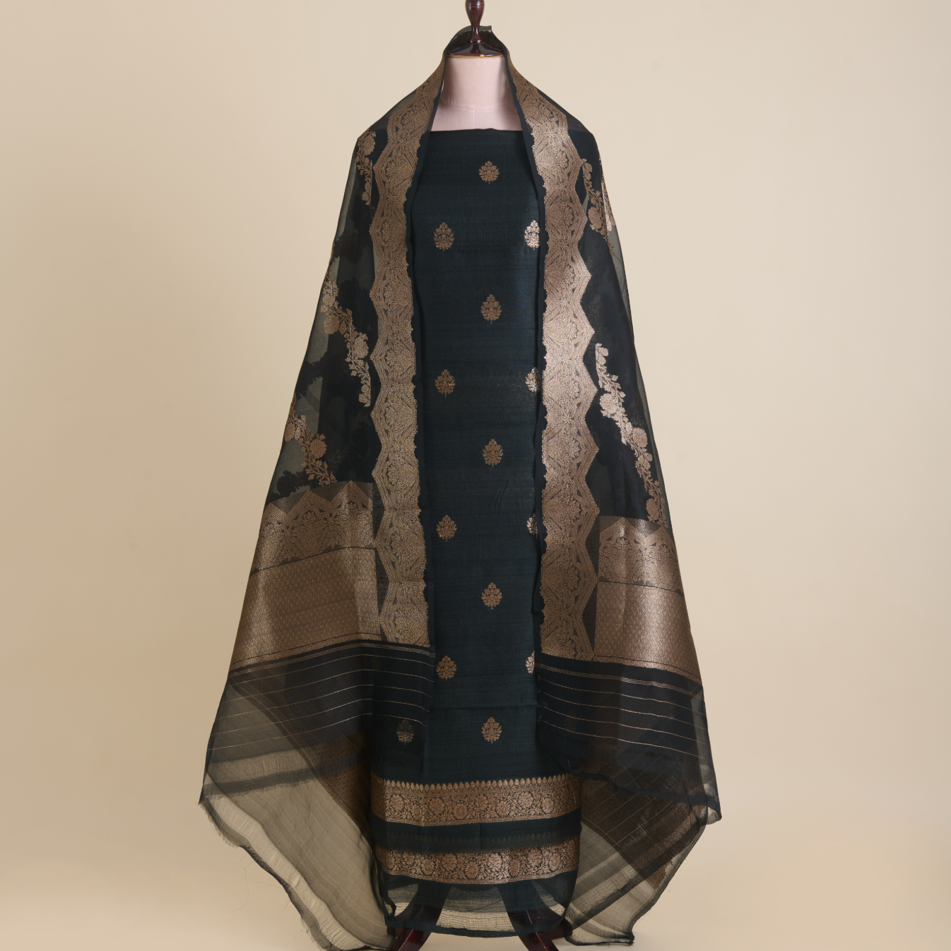Black Gicha Tussar Hand Woven Kurta Set