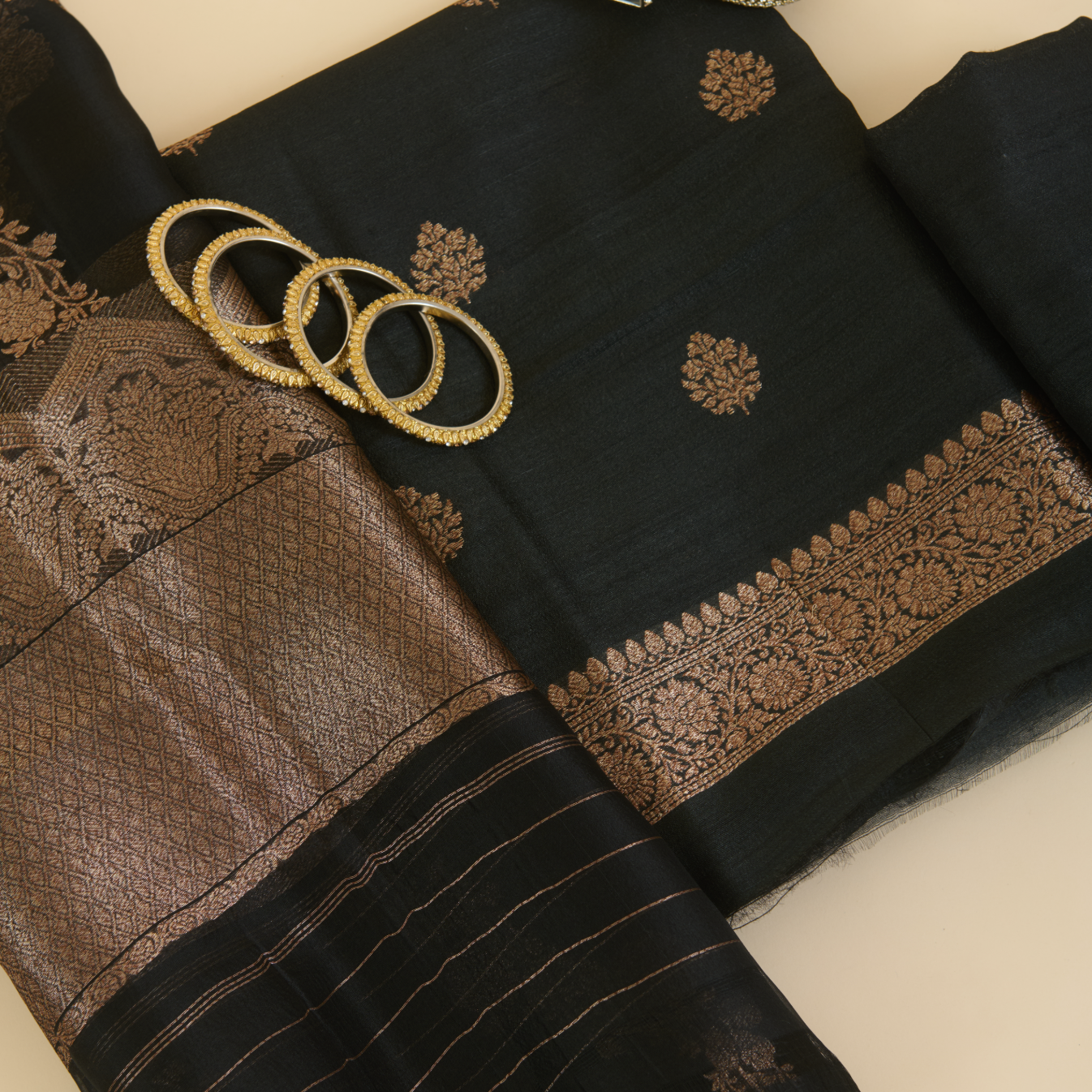Black Gicha Tussar Hand Woven Kurta Set