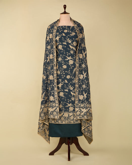 Bluish Grey Viscose Georgette Suit with All Over Parsi Embroidery
