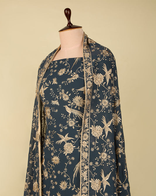 Bluish Grey Viscose Georgette Suit with Parsi Embroidery