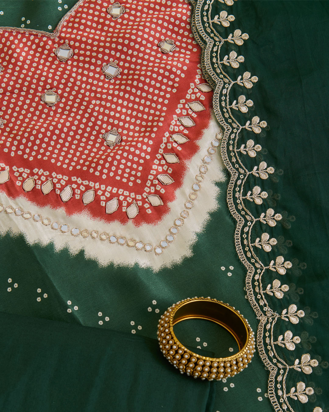 Green Gajji Silk Bandhej Suit with Mirror, Gota & Zardozi Work
