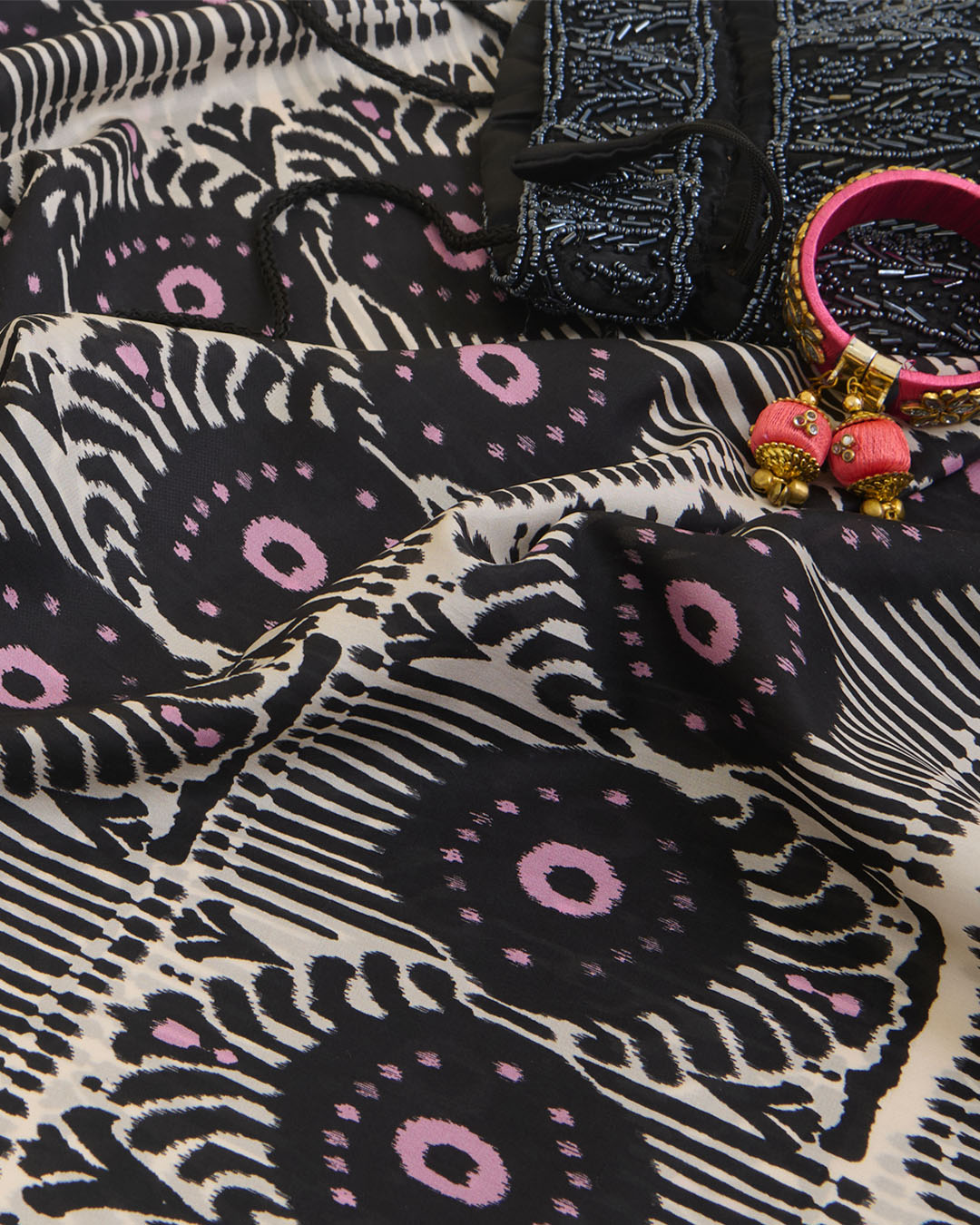 Black Habutai Silk Patola Printed Fabric