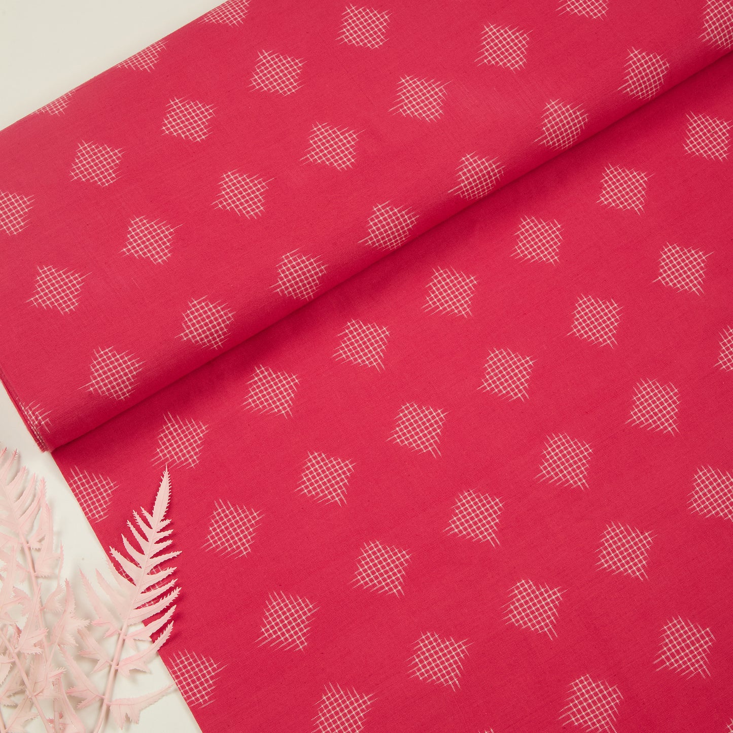 White and Pink Handloom Cotton Ikat Fabric