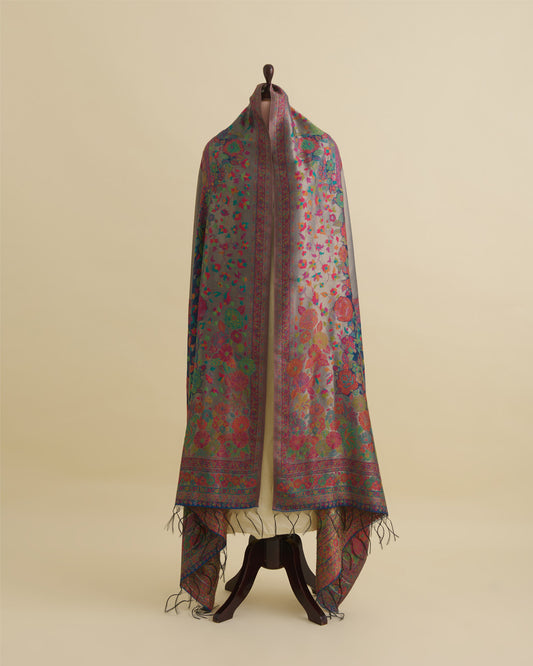 Blue Grey Handloom Spun Tissue Gold Resham Multi Jaal Dupatta