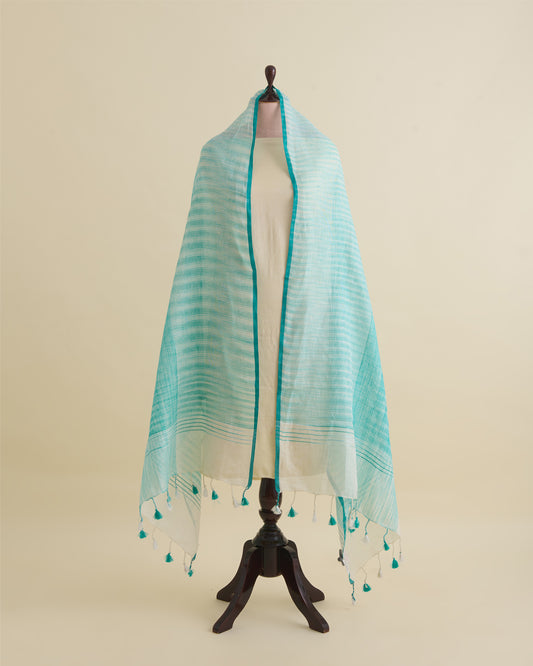 Turquoise Green Handloom Linen Dupatta with Sequin Pallu