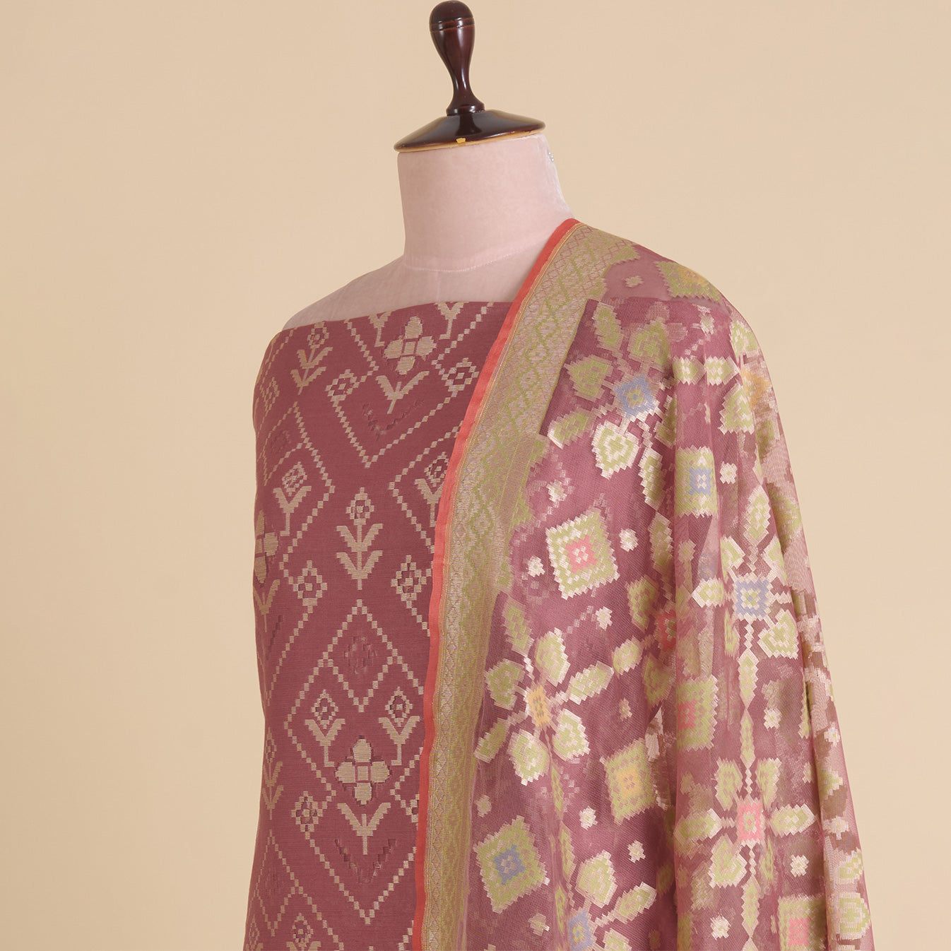 Marsala Jute Net Silk Cut-Work Woven Suit with Dupatta