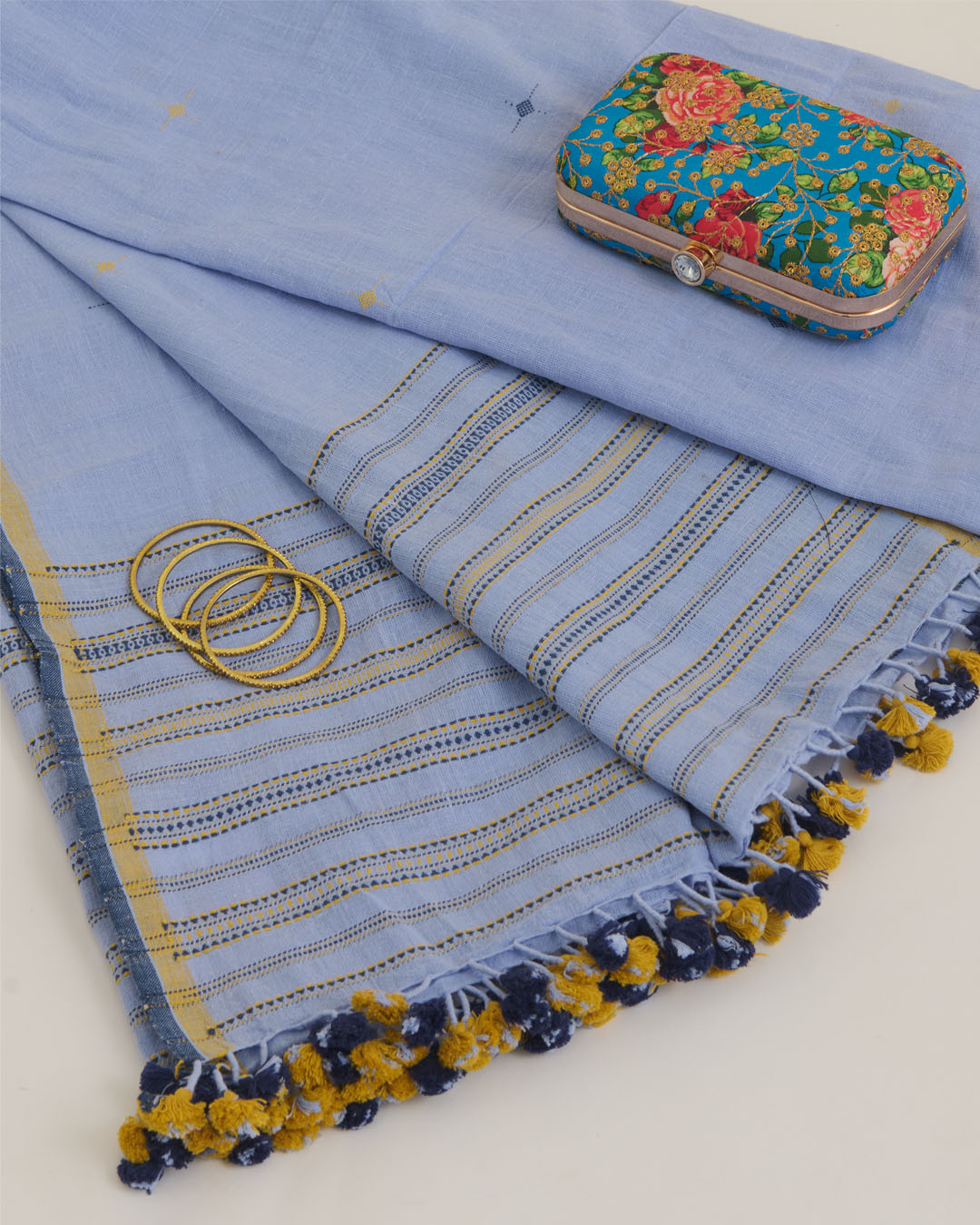 Lilac Blue Kala Cotton Woven Buti Dupatta with Stripes Pallu