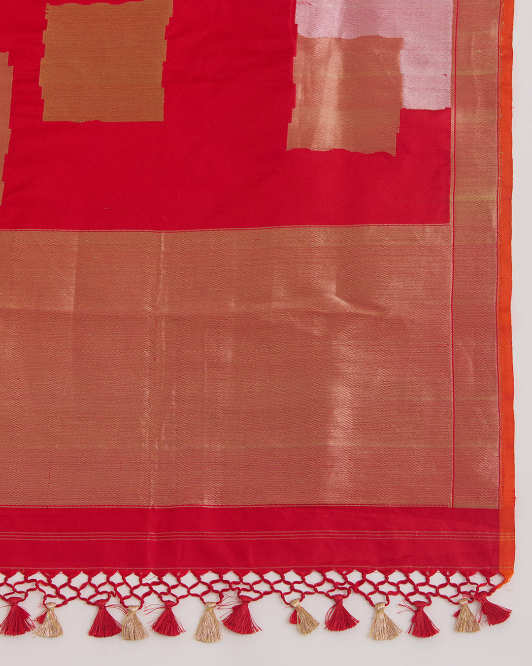 Red Katan Silk Gold & Silver Block Weave Dupatta