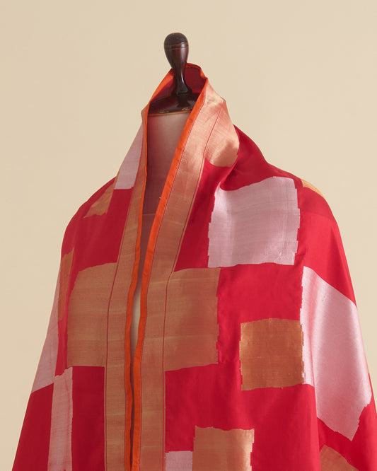Red Katan Silk Gold & Silver Block Weave Dupatta