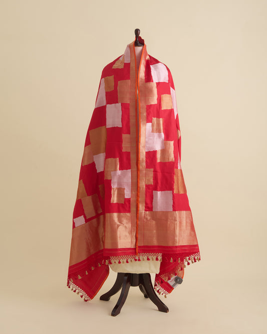 Red Katan Silk Gold & Silver Block Weave Dupatta