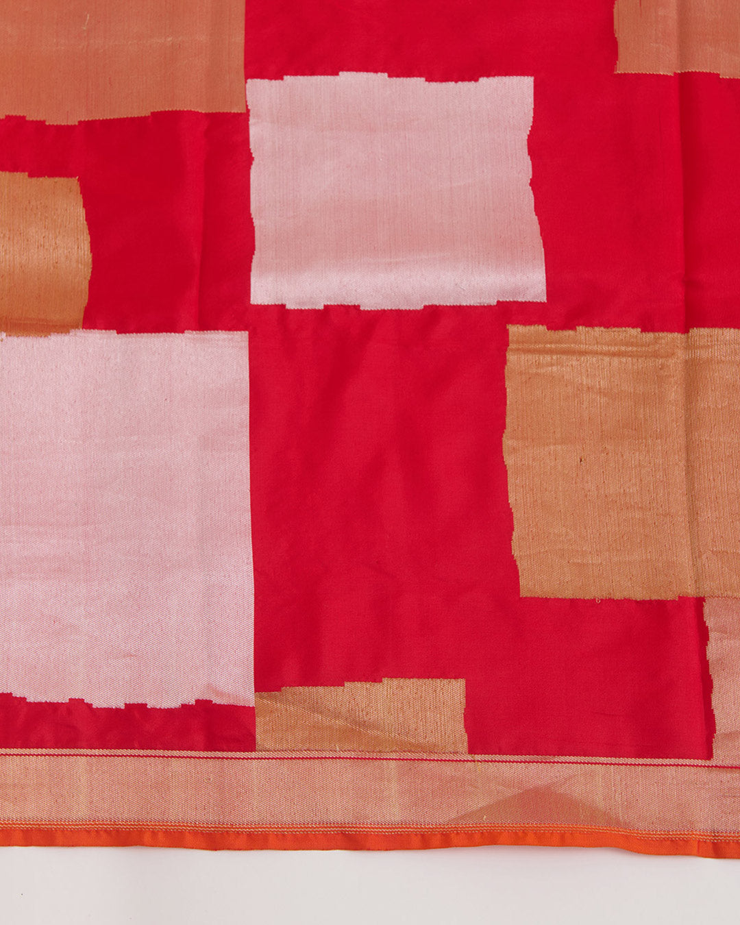 Red Katan Silk Gold & Silver Block Weave Dupatta