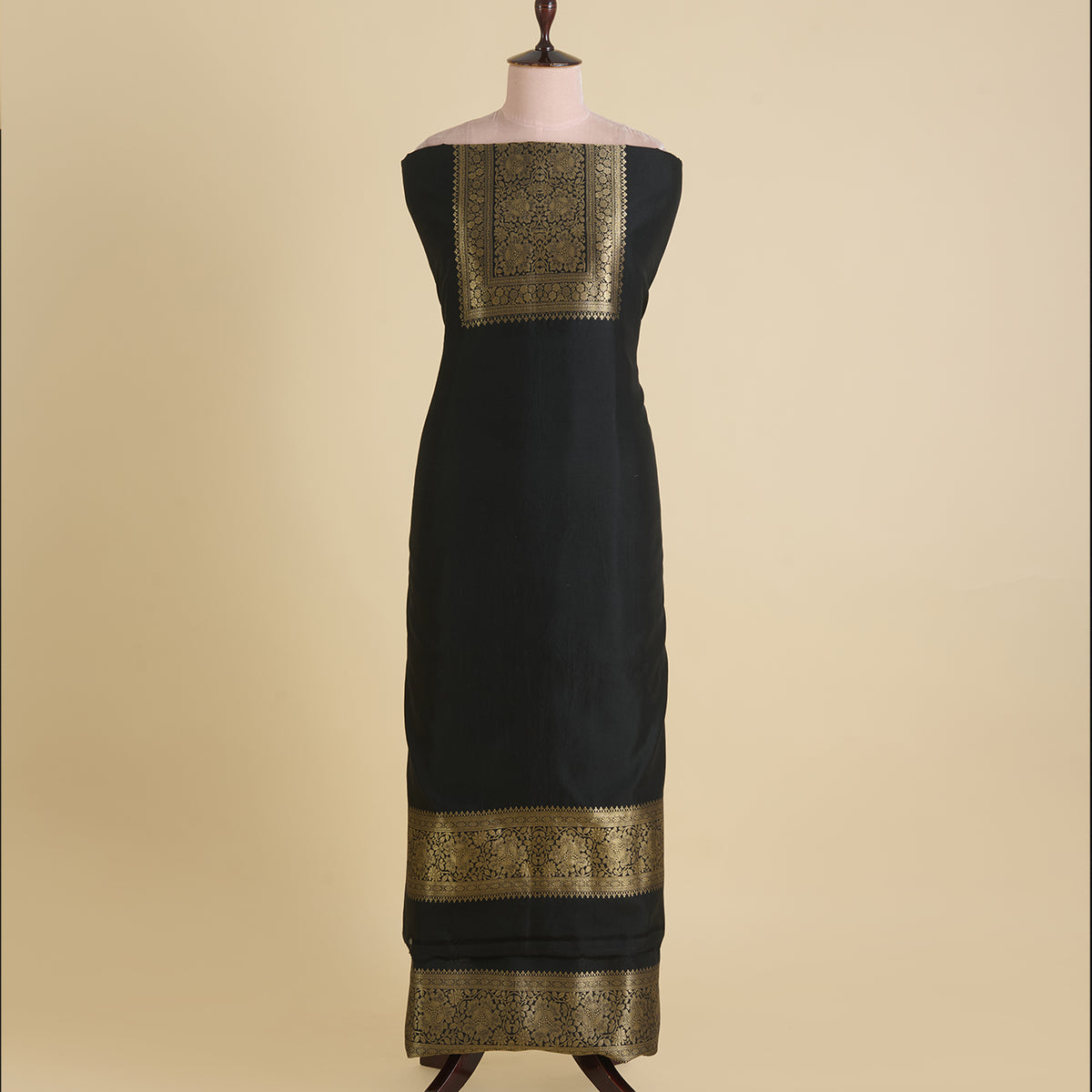 Black Katan Silk Gold Zari Neck Kurta Pant Fabric