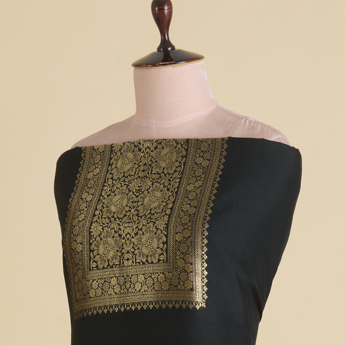 Black Katan Silk Gold Zari Neck Kurta Pant Fabric