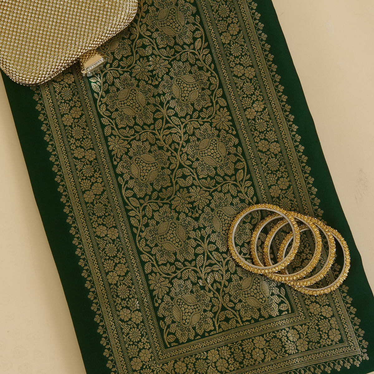 Bottle Green Katan Silk Gold Zari Neck Kurta Pant Fabric
