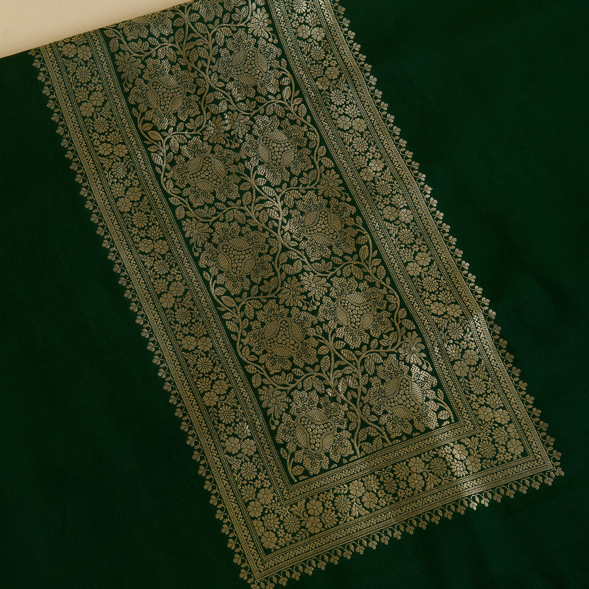 Bottle Green Katan Silk Gold Zari Neck Kurta Pant Fabric
